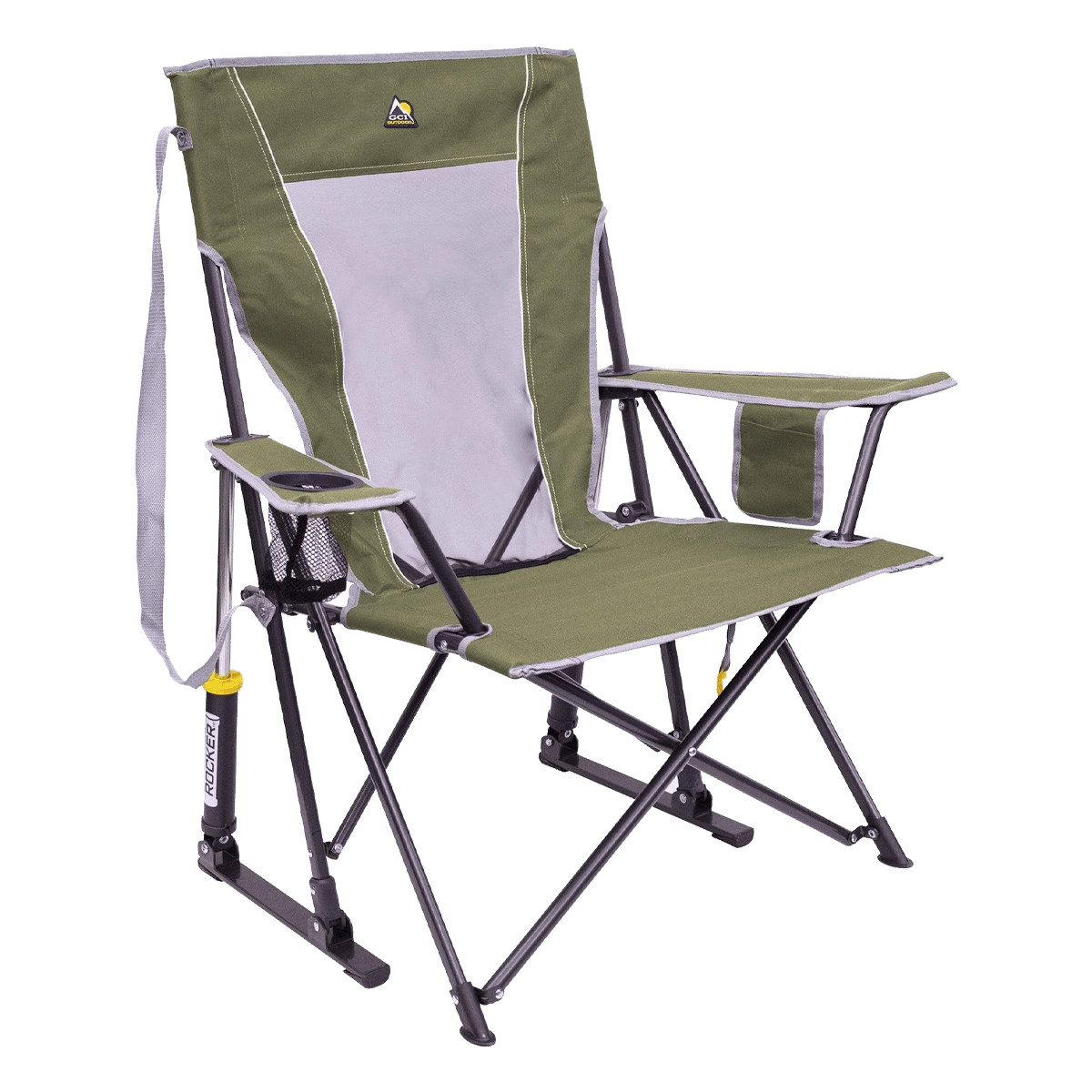 GCI Outdoor Comfort Pro Rocker folding camp chair in loden, featuring a mesh back panel, padded armrests, a drink holder, and shock-absorbing rocker legs designed for outdoor use.