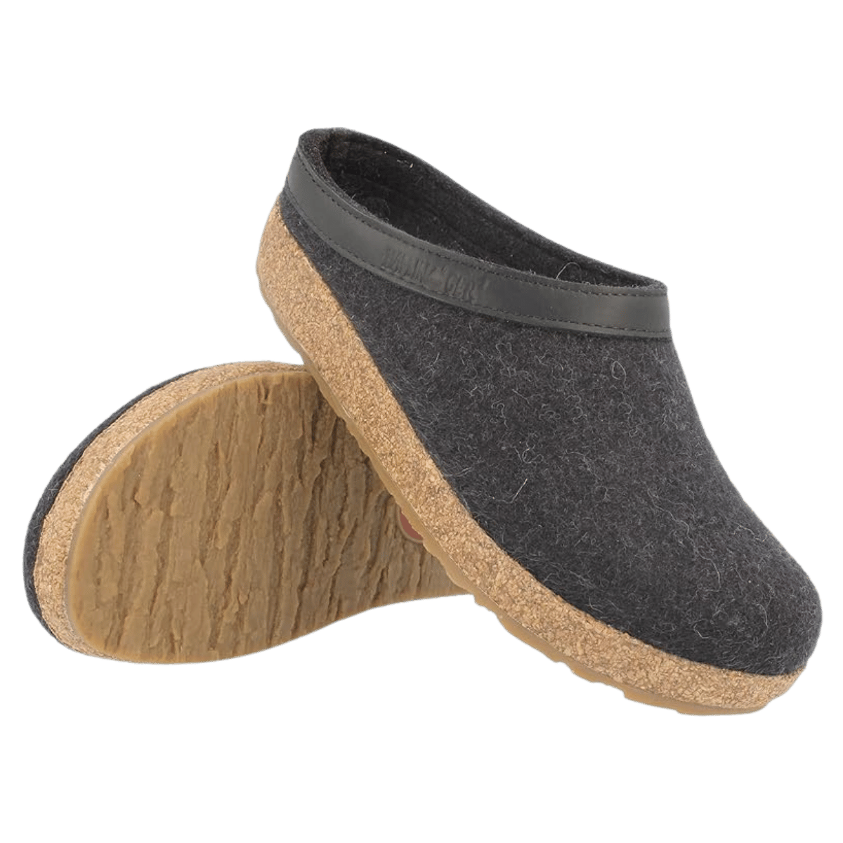 HAFLINGER MEN'S GZL LEATHER TRIMMED WOOL CLOGS - CHARCOAL - SIDE VIEW AND OUTSOLE VIEW