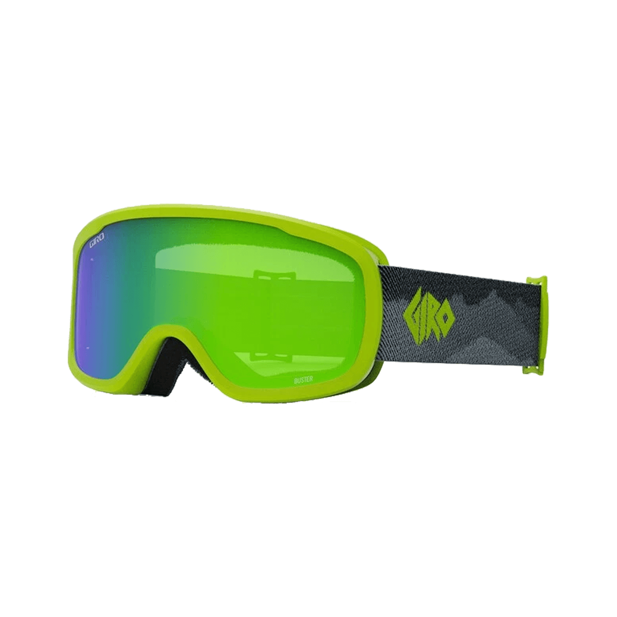 Green goggles with a black strap on a white background