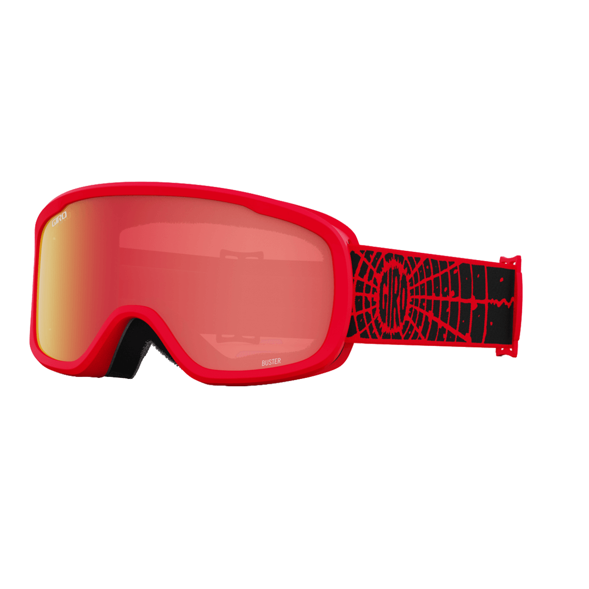 Red goggles with a spider web design on the strap against a black background