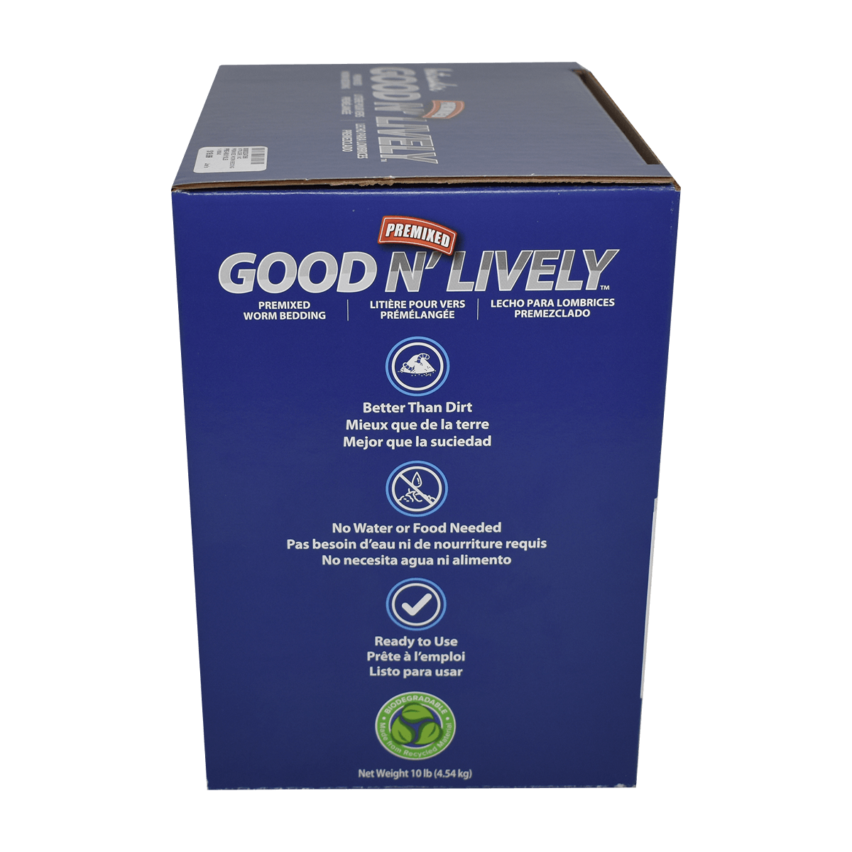 GOOD N' LIVELY PREMIXED WORM BEDDING IN A BAG - 10 LB. side of box