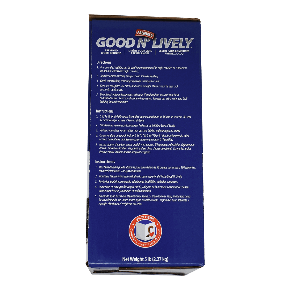 GOOD N' LIVELY PREMIXED WORM BEDDING IN A BAG - 5 LB. side of box