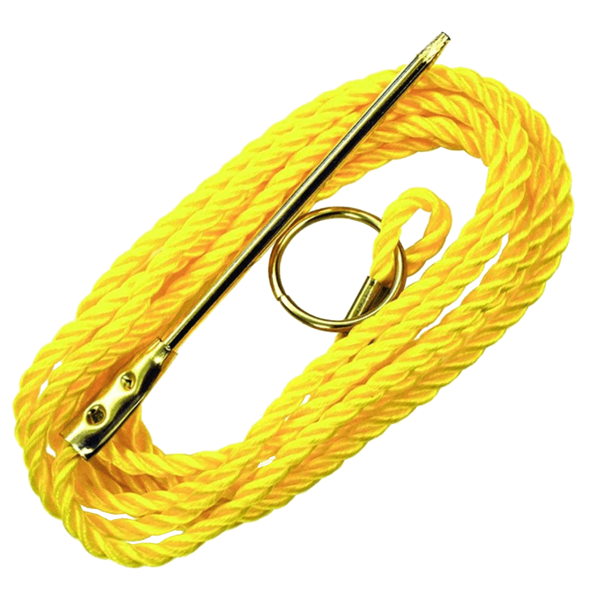 Bright yellow heavy-duty poly stringer with a metal needle and brass ring, commonly used for securing and stringing fish.