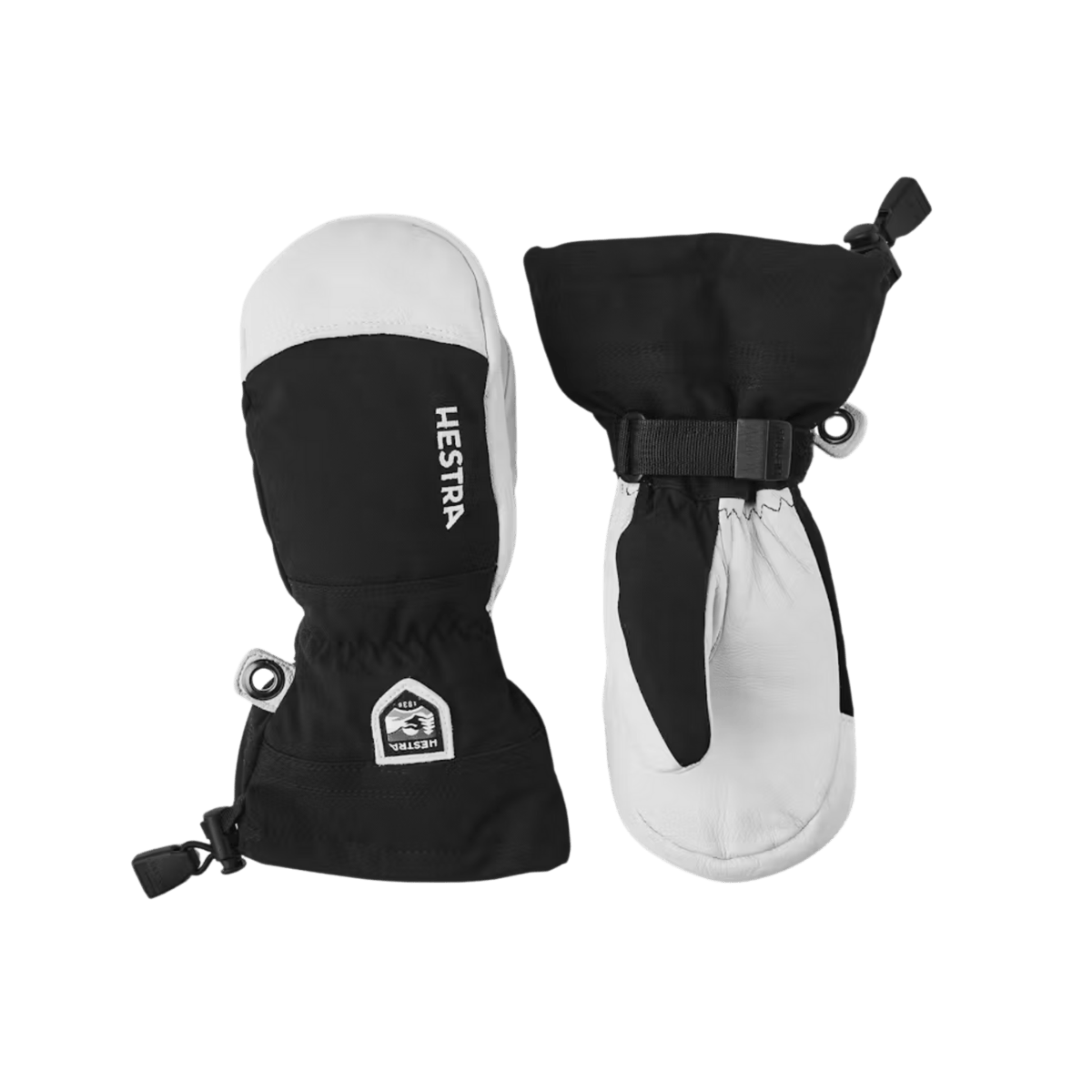 HESTRA JUNIOR ARMY LEATHER HELI SKI MITT - BLACK - FRONT/BACK VIEW