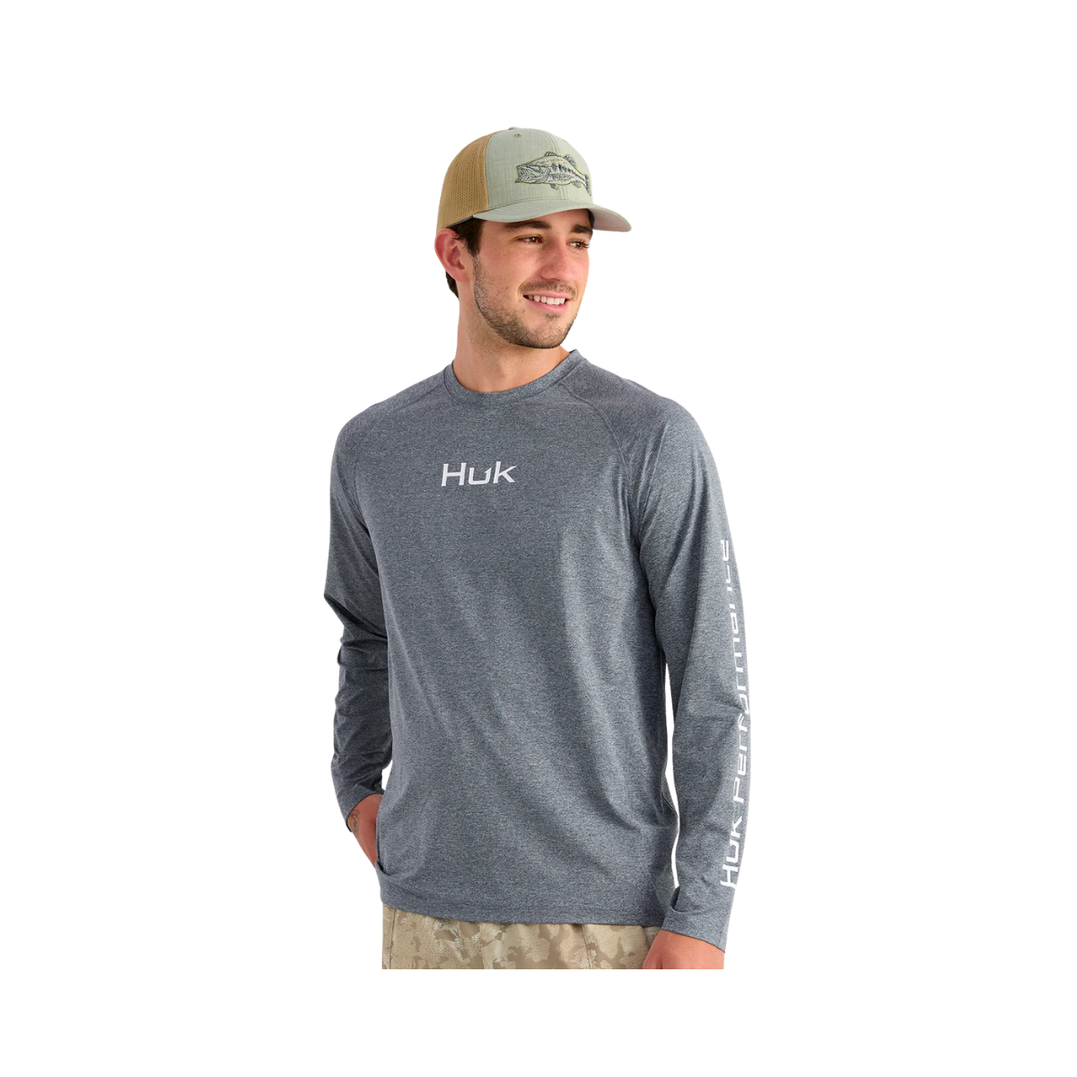 HUK AIRWEIGHT L/S CREW STORM BLUE HEATHER