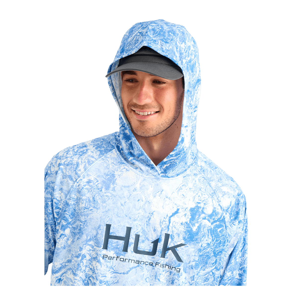 HUK MOSSY OAK PURSUIT PERFORMANCE HOODIE - REGATTA - HOODED VIEW