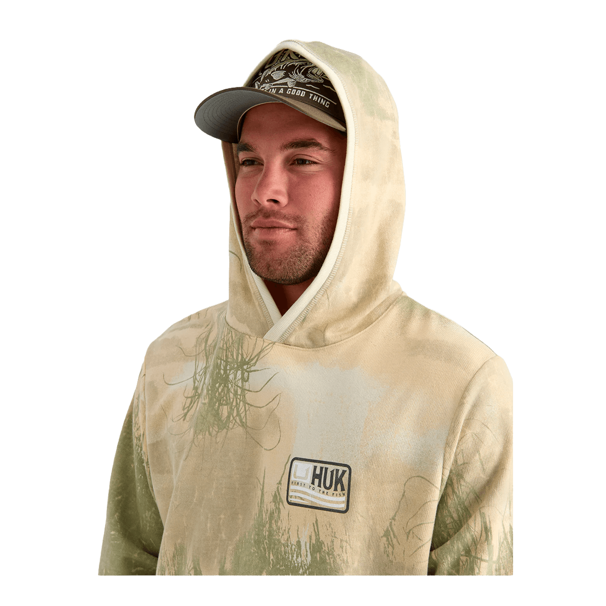 HUK EDISTO PRINTED TERRY HOODIE - SILVER BIRCH - HOODED VIEW