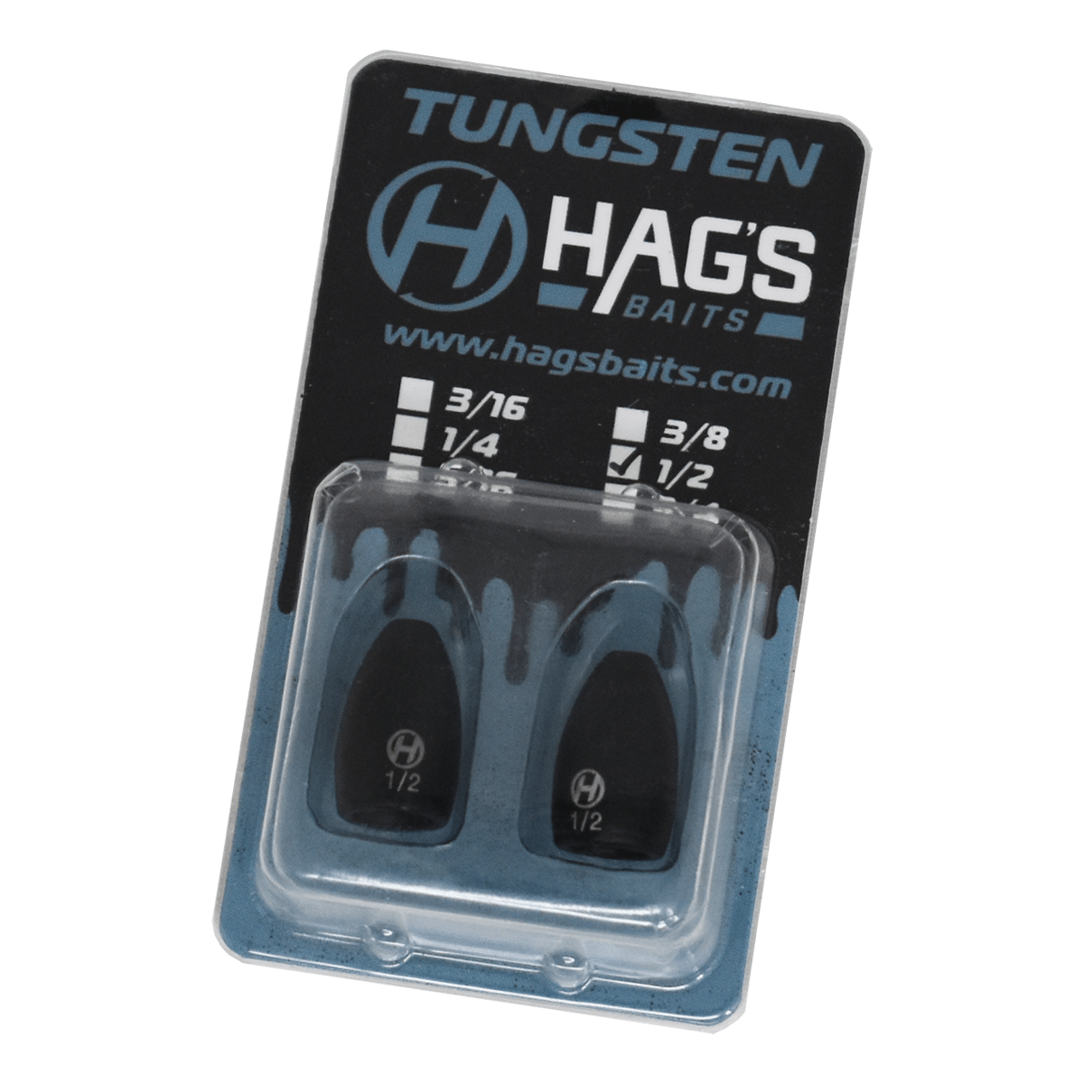 Package of Hags Baits Tungsten Flipping Weights, size 1/2 oz, containing two black tungsten weights in a clear plastic case with blue and black branded backing card.