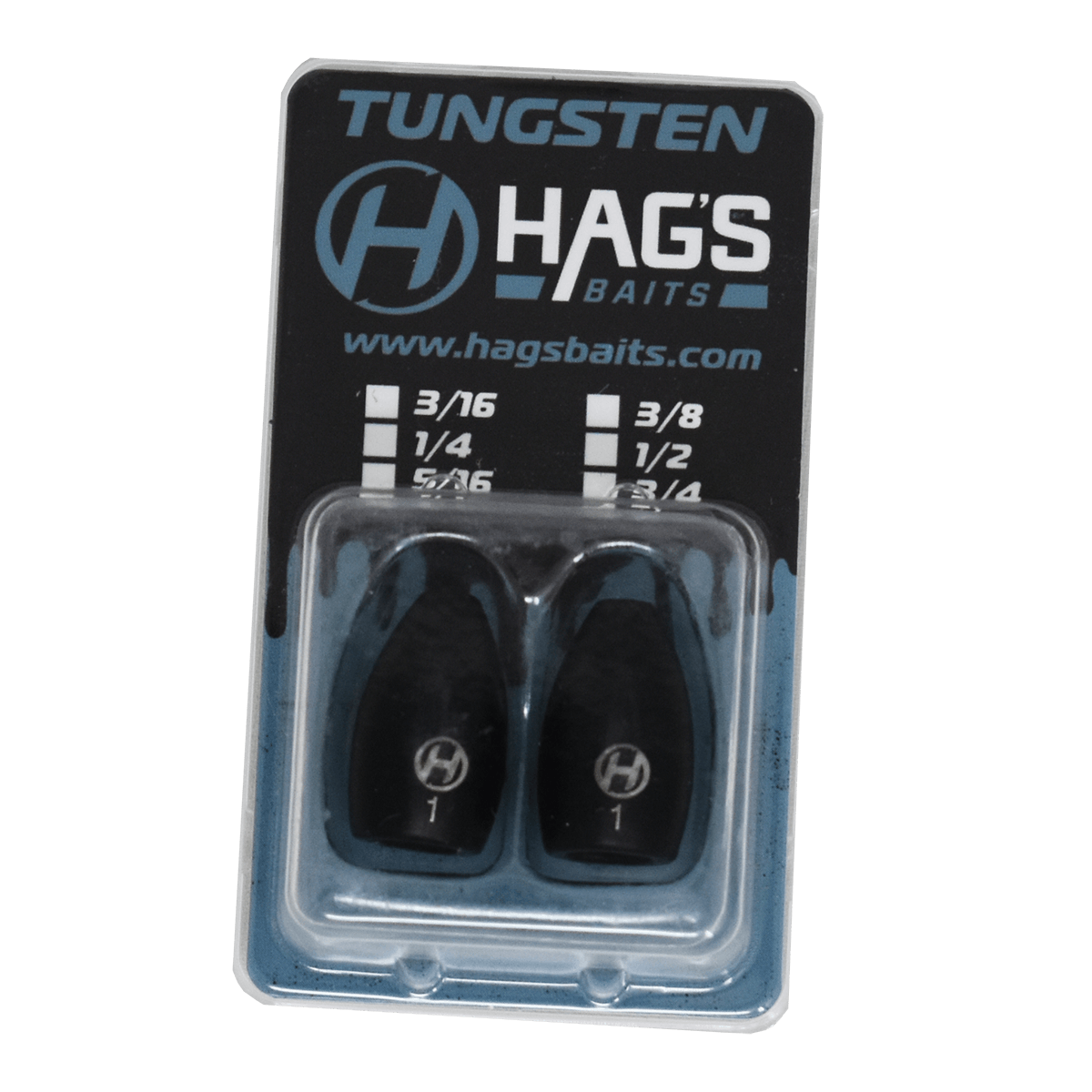 Package of Hags Baits Tungsten Flipping Weights, size 1 oz, containing two black tungsten weights in a clear plastic case with blue and black branded backing card.
