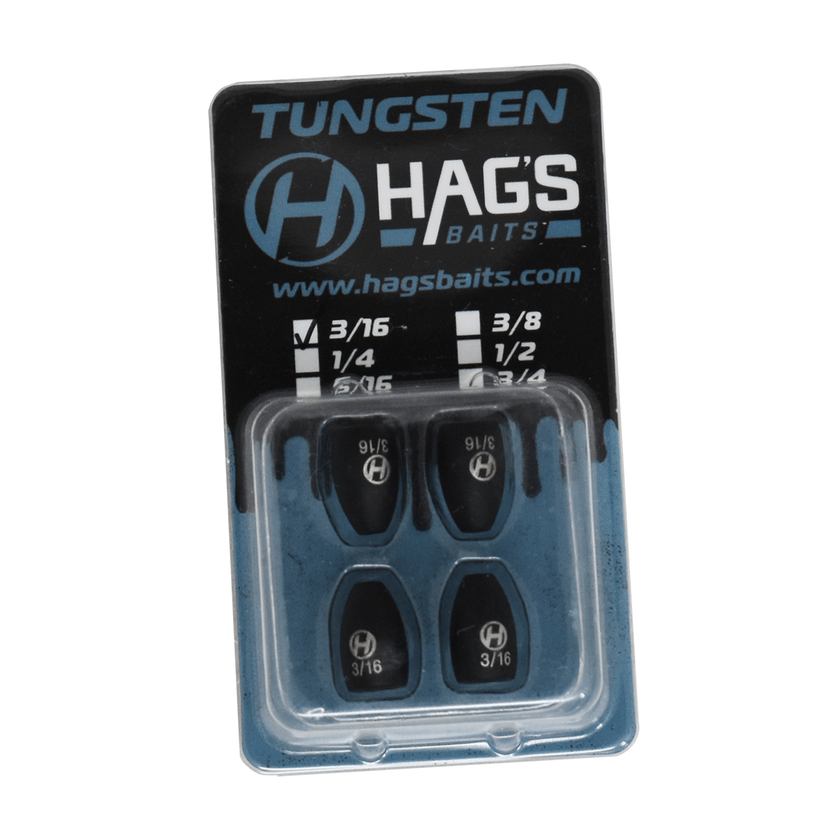 Package of Hags Baits Tungsten Flipping Weights, size 3/16 oz, containing four black tungsten weights in a clear plastic case with blue and black branded backing card.
