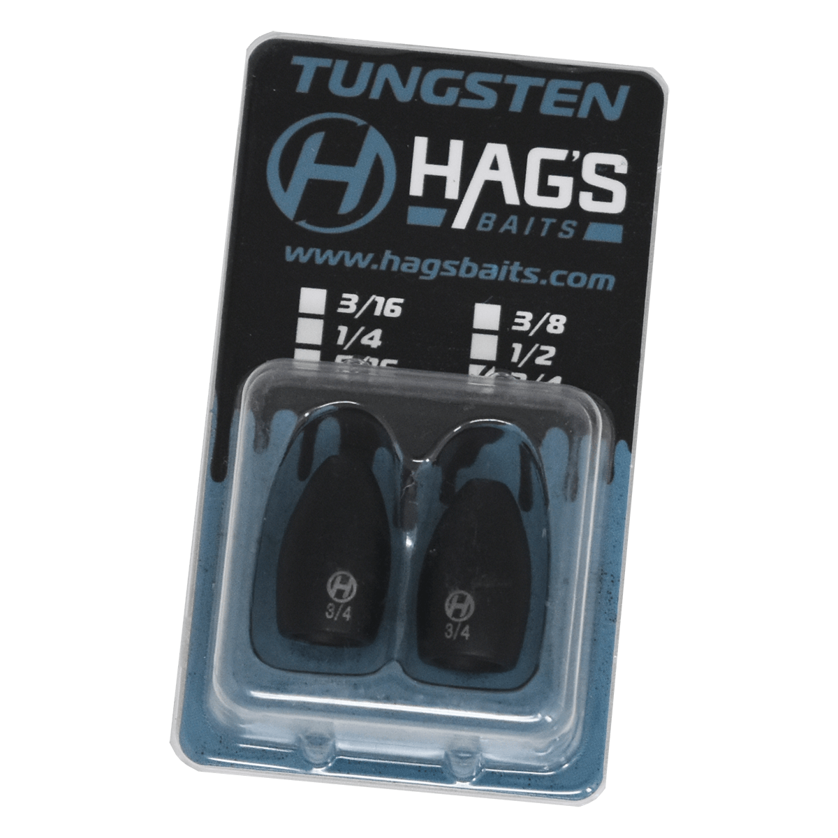 Package of Hags Baits Tungsten Flipping Weights, size 3/4 oz, containing two black tungsten weights in a clear plastic case with blue and black branded backing card.
