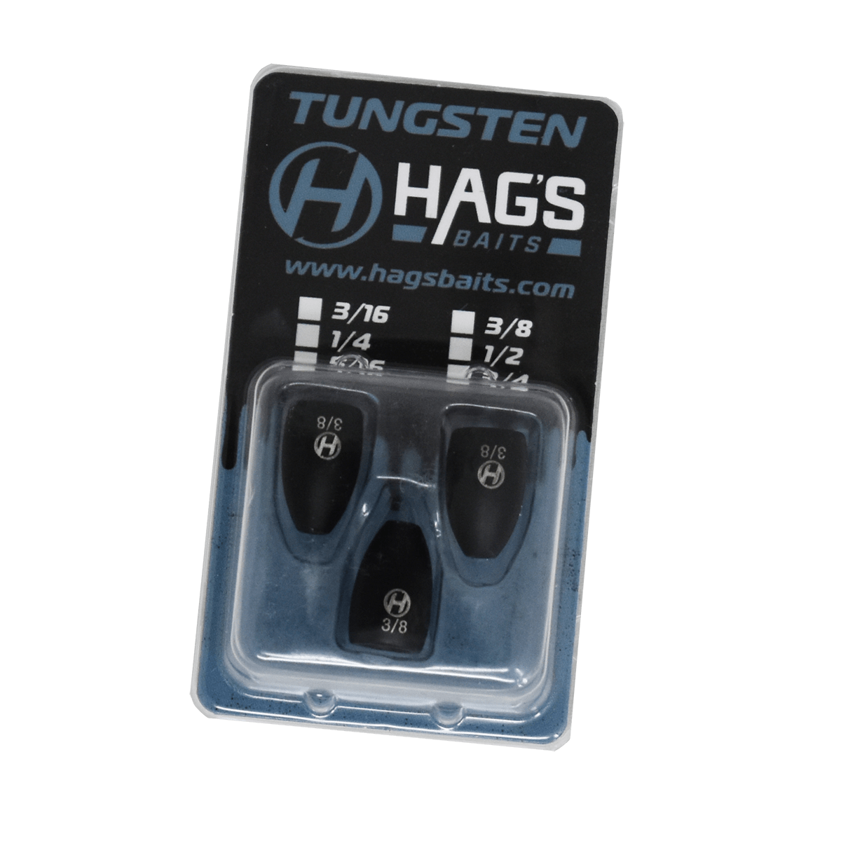 Package of Hags Baits Tungsten Flipping Weights, size 3/8 oz, containing three black tungsten weights in a clear plastic case with blue and black branded backing card.
