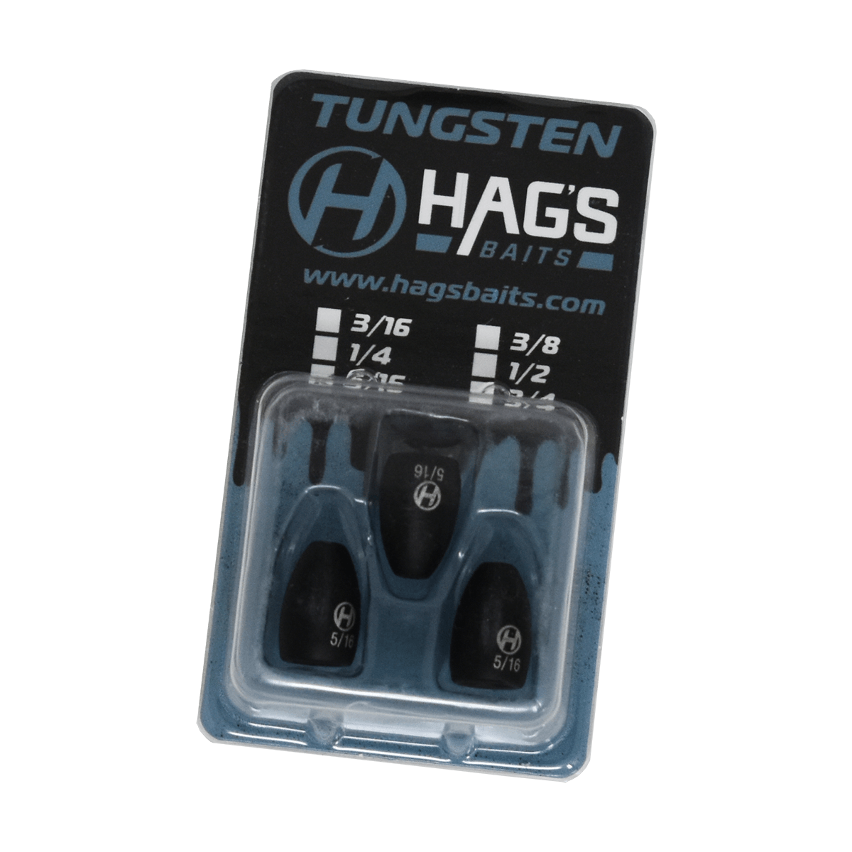 Package of Hags Baits Tungsten Flipping Weights, size 5/16 oz, containing three black tungsten weights in a clear plastic case with blue and black branded backing card.