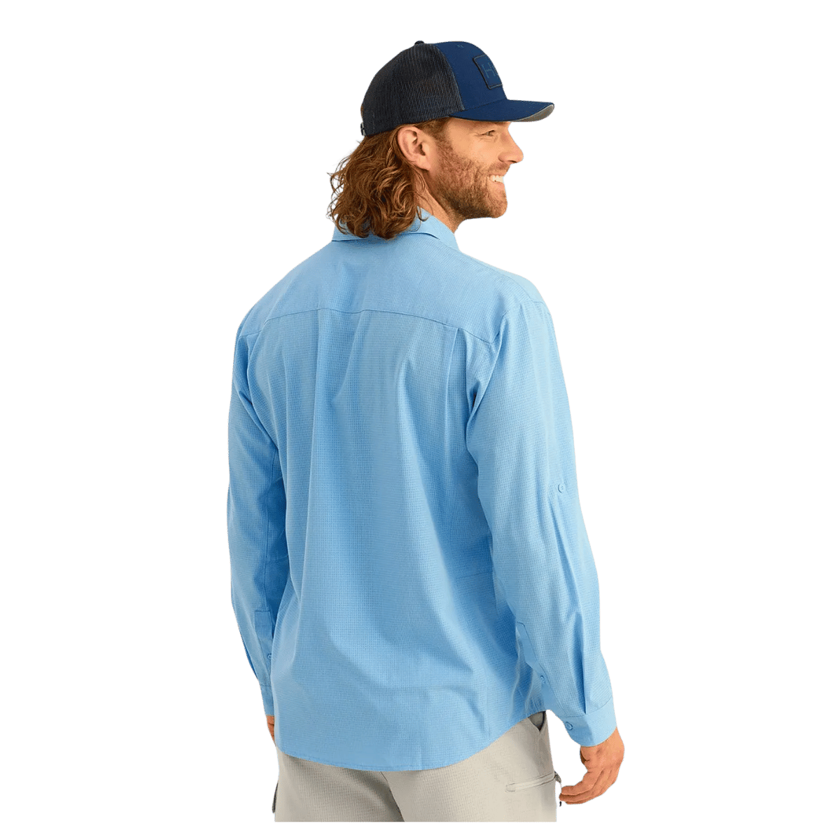 HUK MEN'S A1A WOVEN LONG-SLEEVE SHIRT - MAROLINA BLUE - BACK VIEW