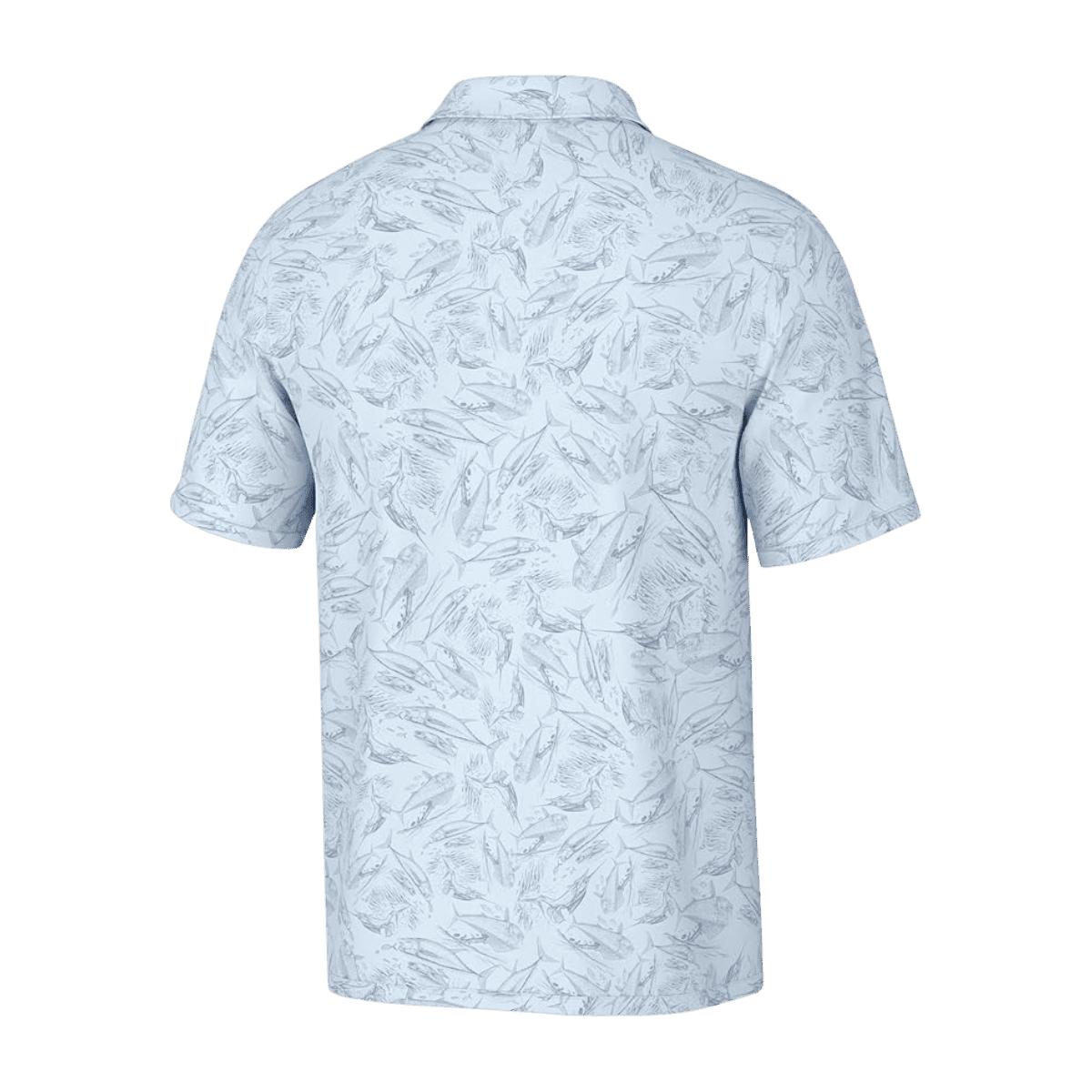 HUK MEN'S PURSUIT POLO FISH CHAOS - ICE WATER - BACK VIEW