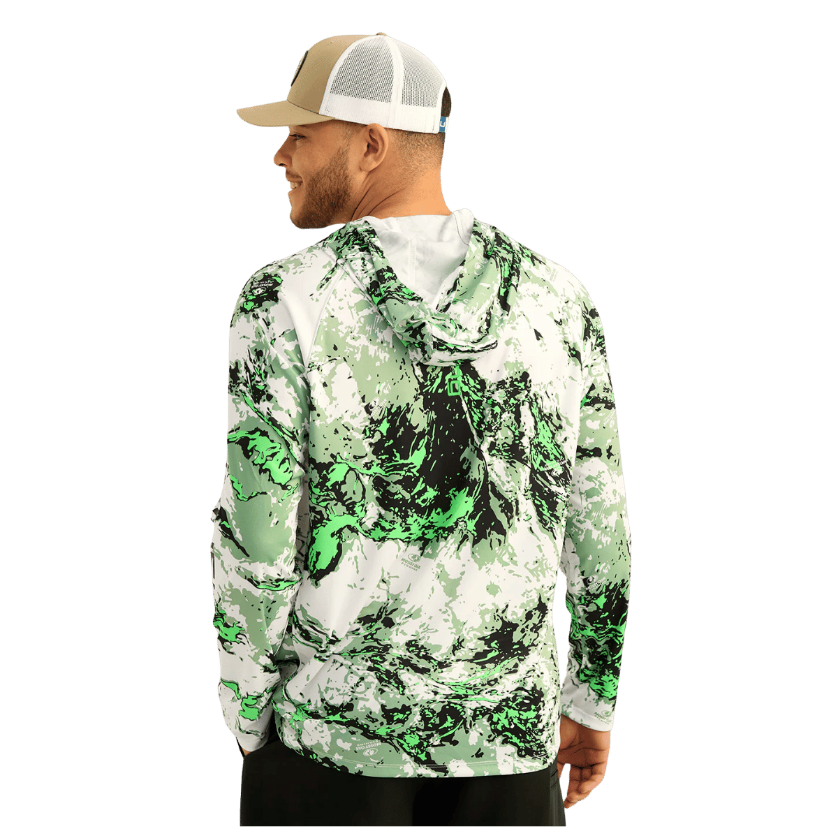 HUK MEN'S MOSSY OAK PURSUIT PERFORMANCE HOODIE - FOG GREEN - BACK VIEW