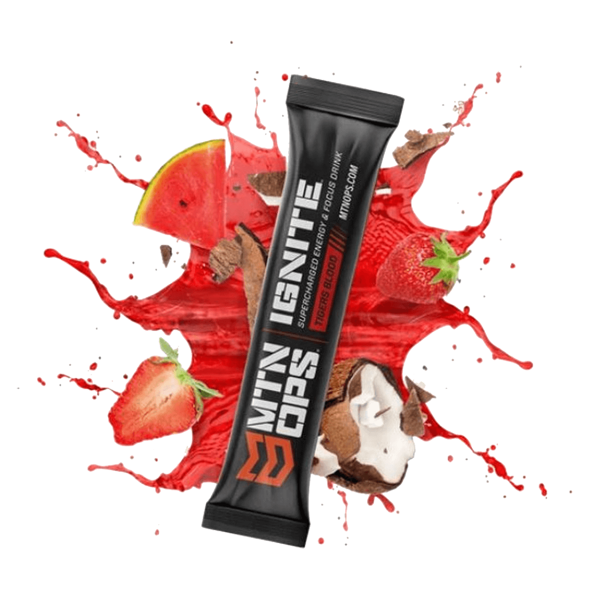 MTN OPS Ignite Tigers Blood energy drink mix stick pack displayed with vibrant splashes of red liquid, surrounded by strawberries, watermelon and coconut pieces, emphasizing its tropical and fruity flavor.
