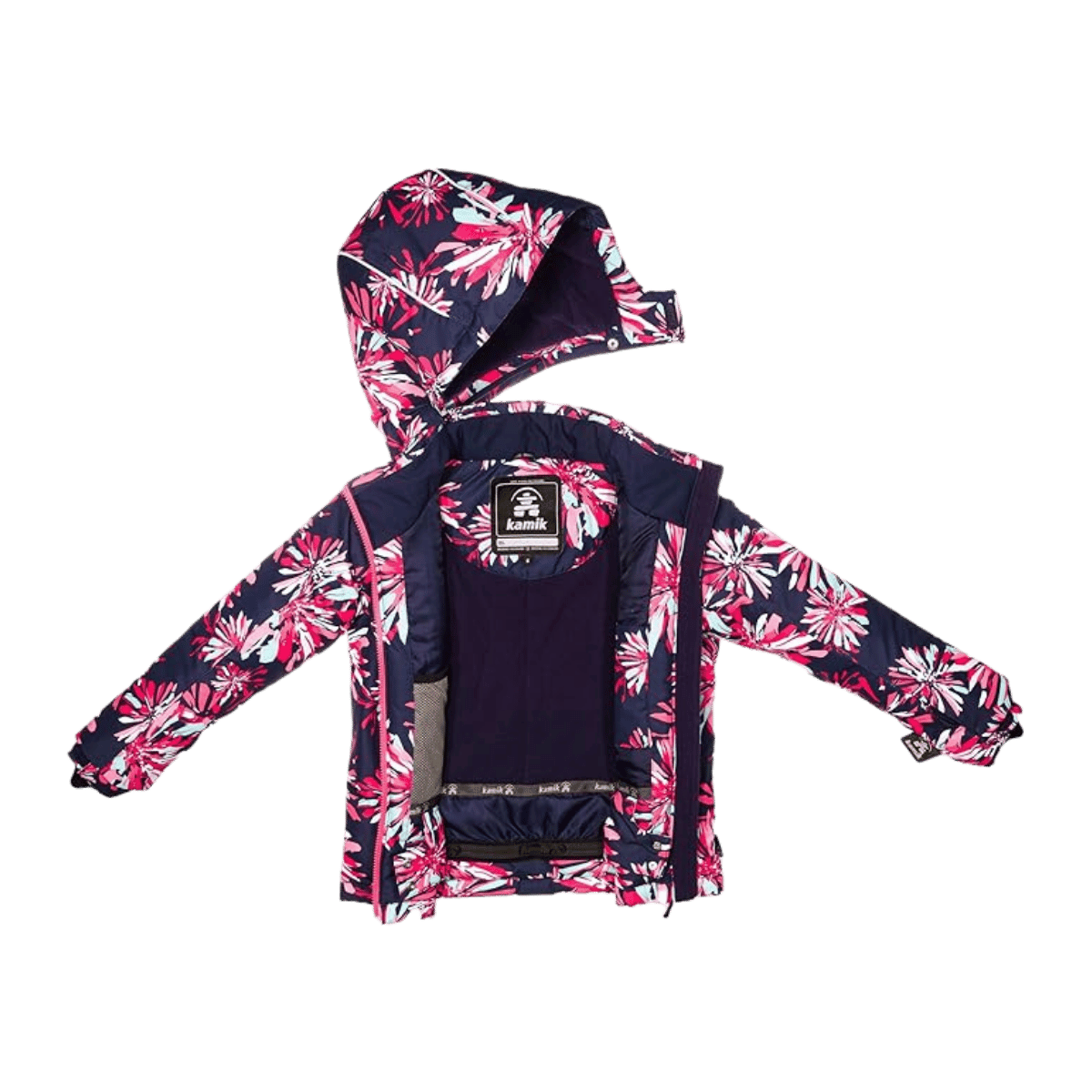 KAMIK TALLIE MARIPOSA AOP GIRL KIDS INSULATED SKI JACKET - NAVY FRONT AND INNER