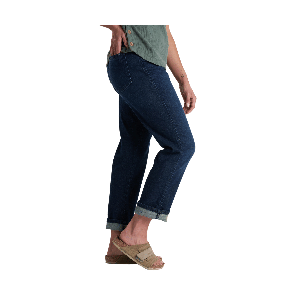 KUHL WOMEN'S KONTOUR BOYFRIEND DENIM PANT - MIDNIGHT - SIDE VIEW