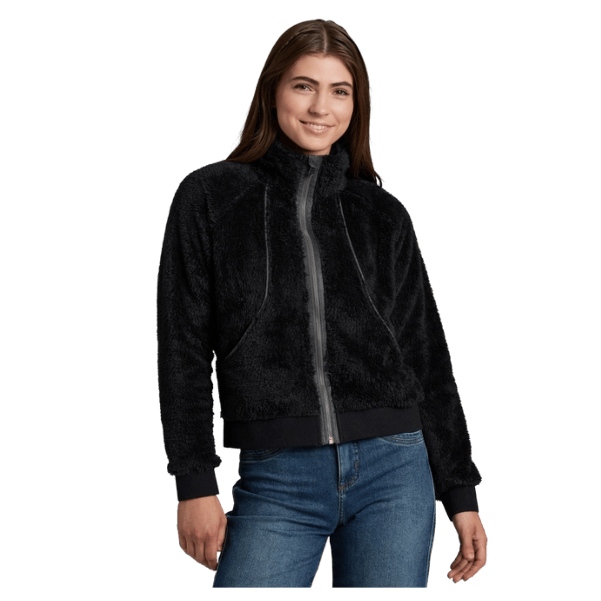 KUHL WOMEN'S AVINA FLIGHT JACKET HIGH-LOFT FLEECE - BLACK - FRONT VIEW