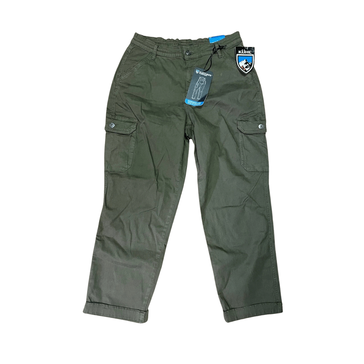 KUHL WOMEN’S KULTIVATR KARGO CROP PANTS SAGE – FRONT VIEW SHOWING POCKETS AND TAG