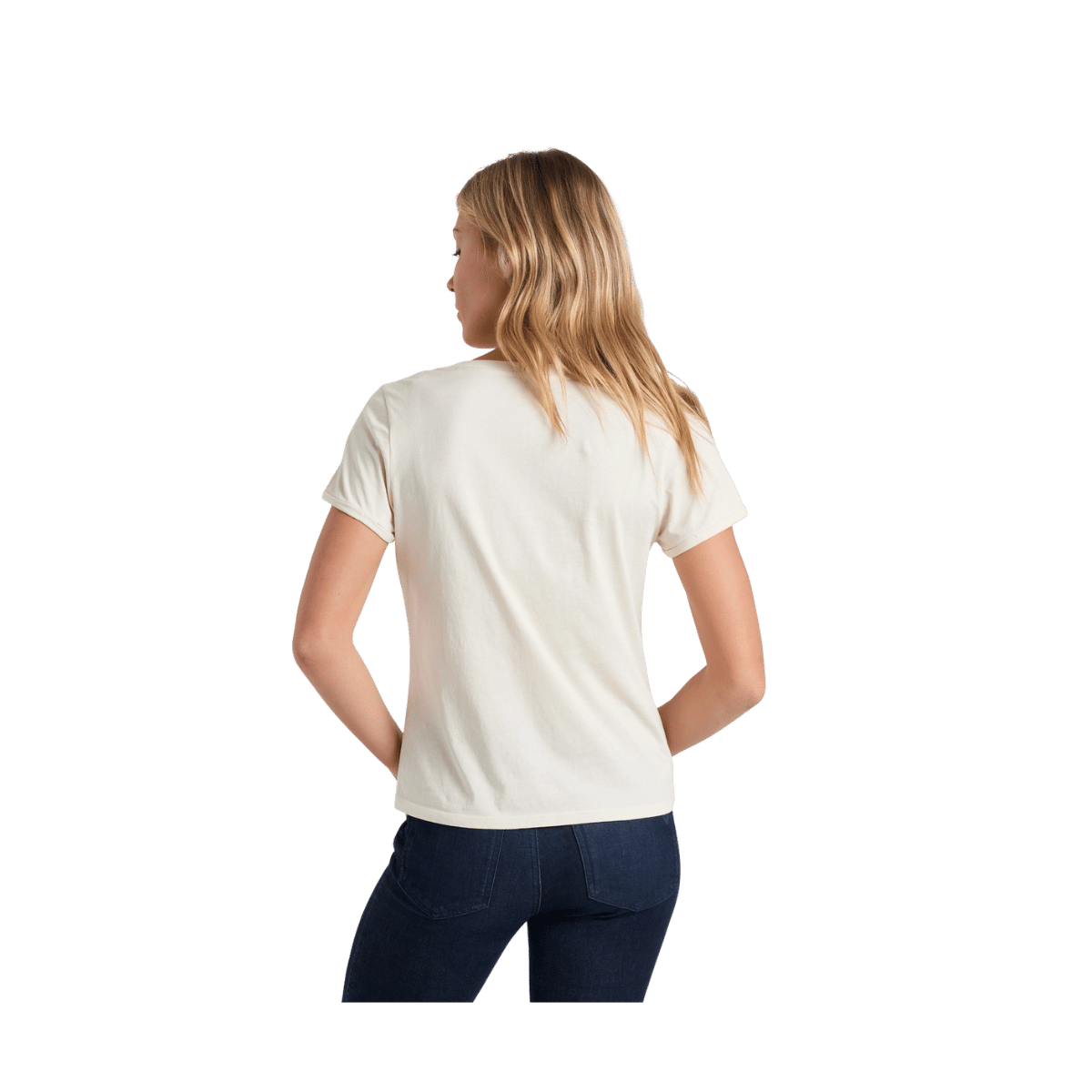 KUHL WOMEN'S SHORTS SLEEVE VEGA TEE - STONE - BACK VIEW