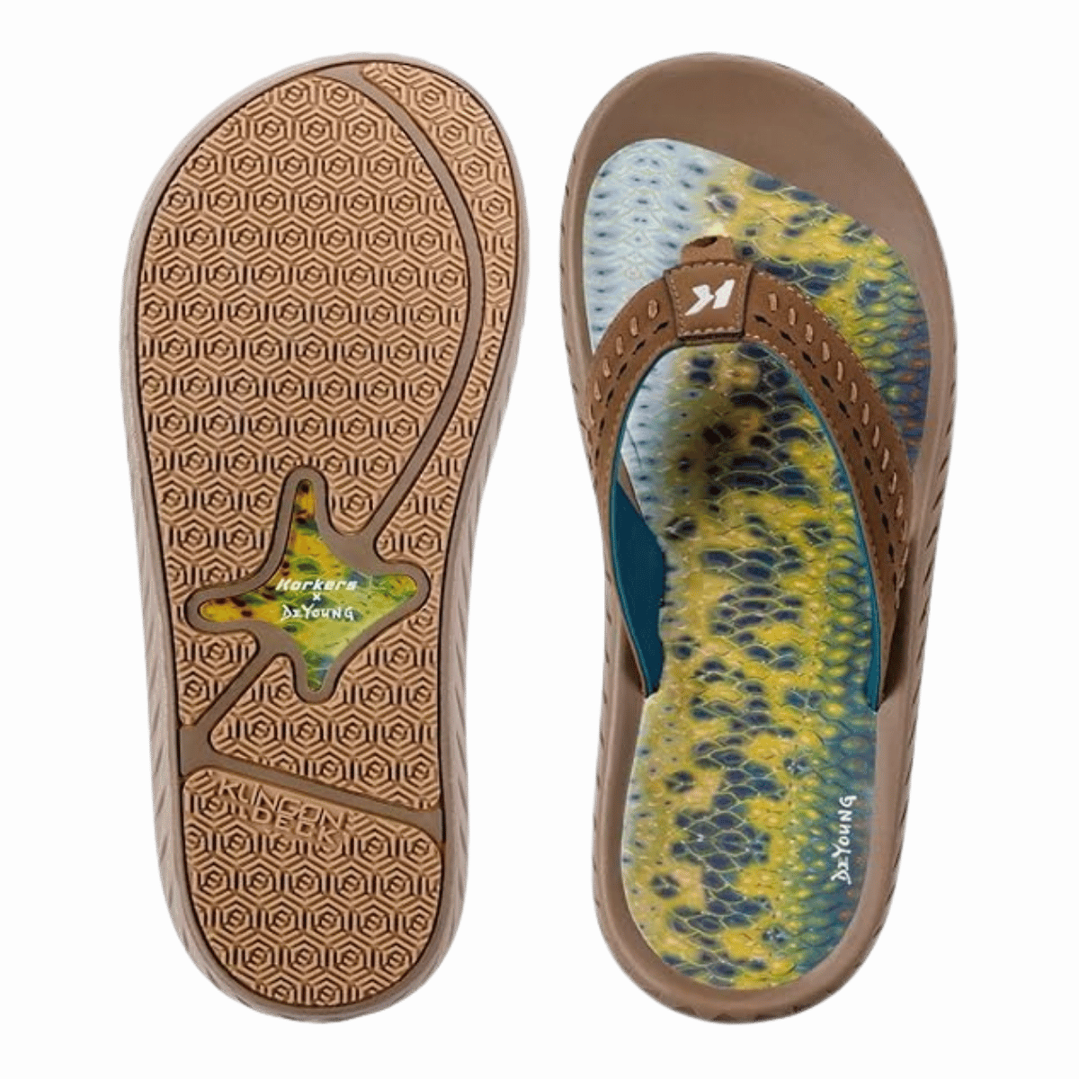 KORKERS MEN'S FISH FLIP FLOP BASS - BROWN - TOP & BOTTOM VIEW