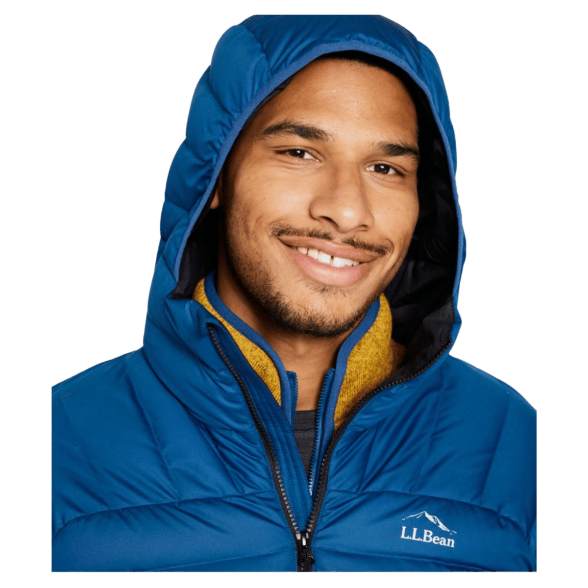 L.L.BEAN MEN'S DOWN INSULATED HOODED JACKET - DARK MARINE BLUE - HOOD ANGLE