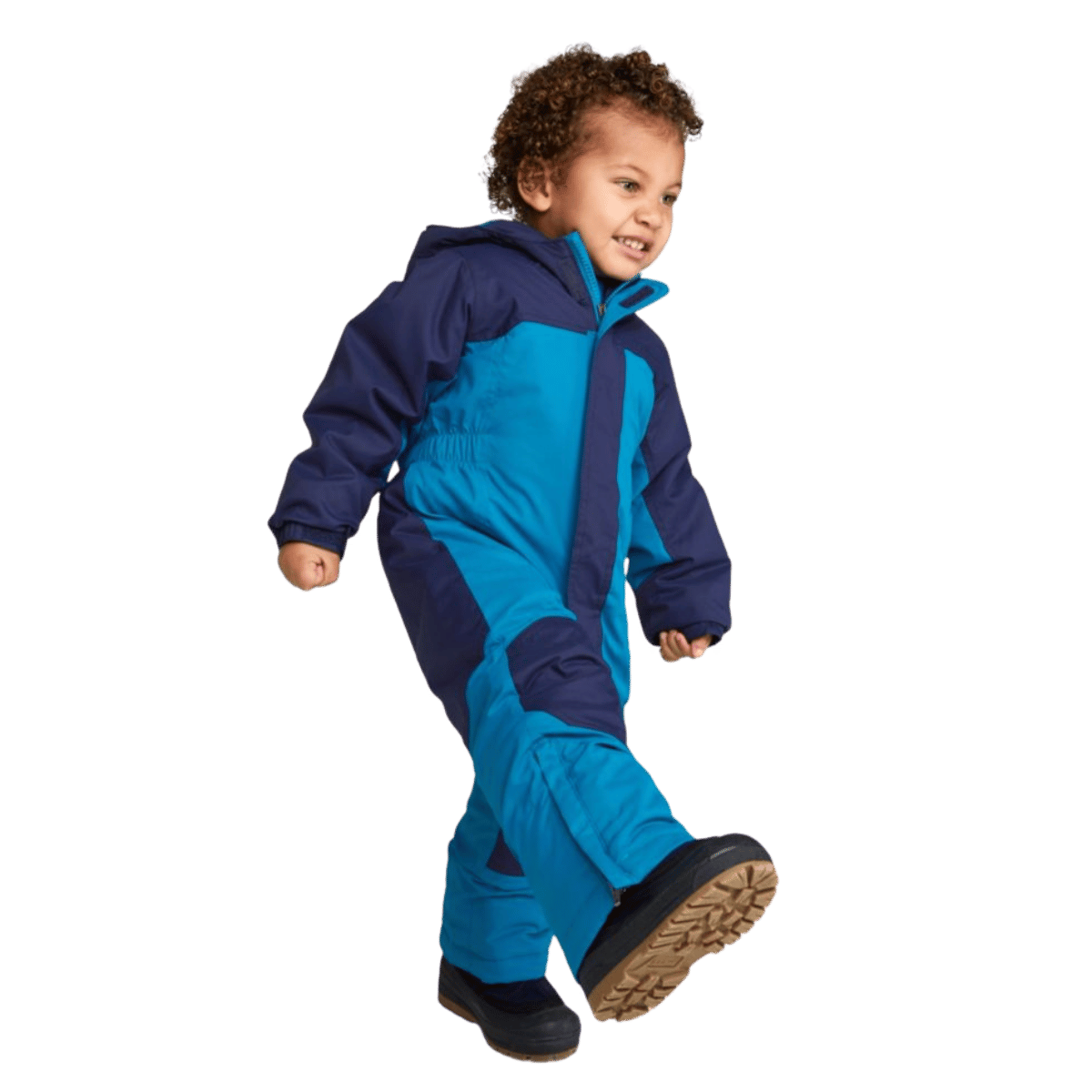 L.L.BEAN TODDLER AND INFANT COLD BUSTER SNOWSUIT – BLUE/TEAL SHAD - SIDE VIEW WHEN WORN