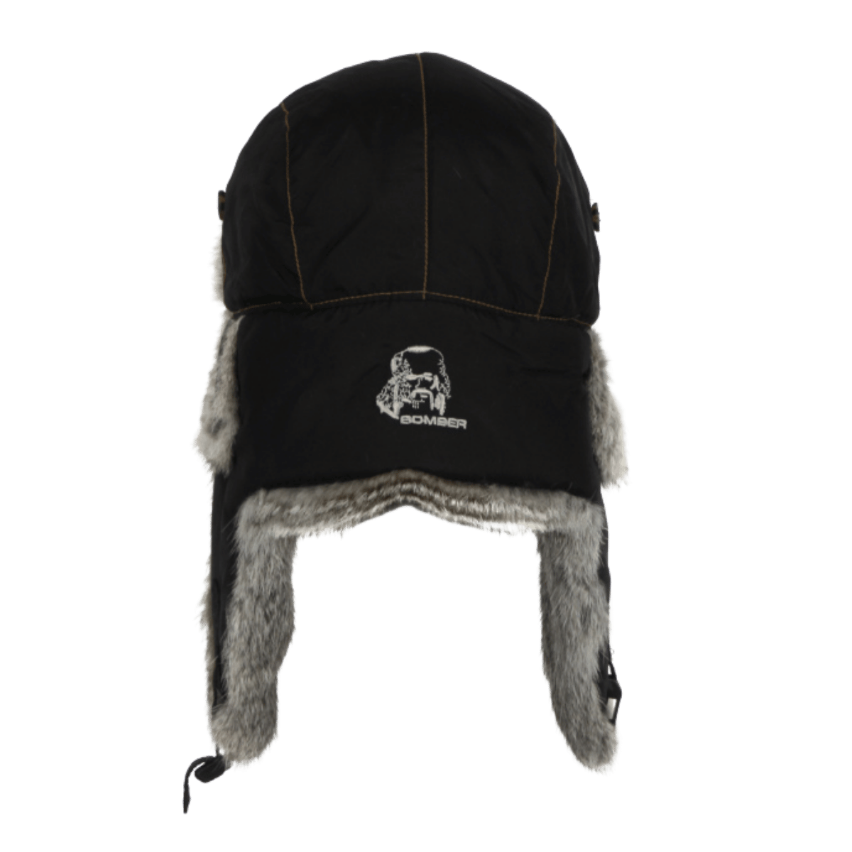 MAD BOMBER HAT - BLACK NYLON WITH GREY RABBIT FUR_BACK ANGLE