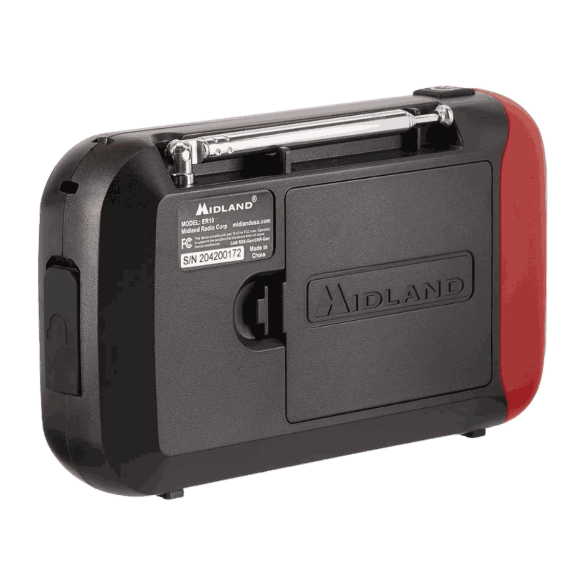 MIDLAND EMERGENCY WEATHER ALERT RADIO W/ BATT - BACK VIEW