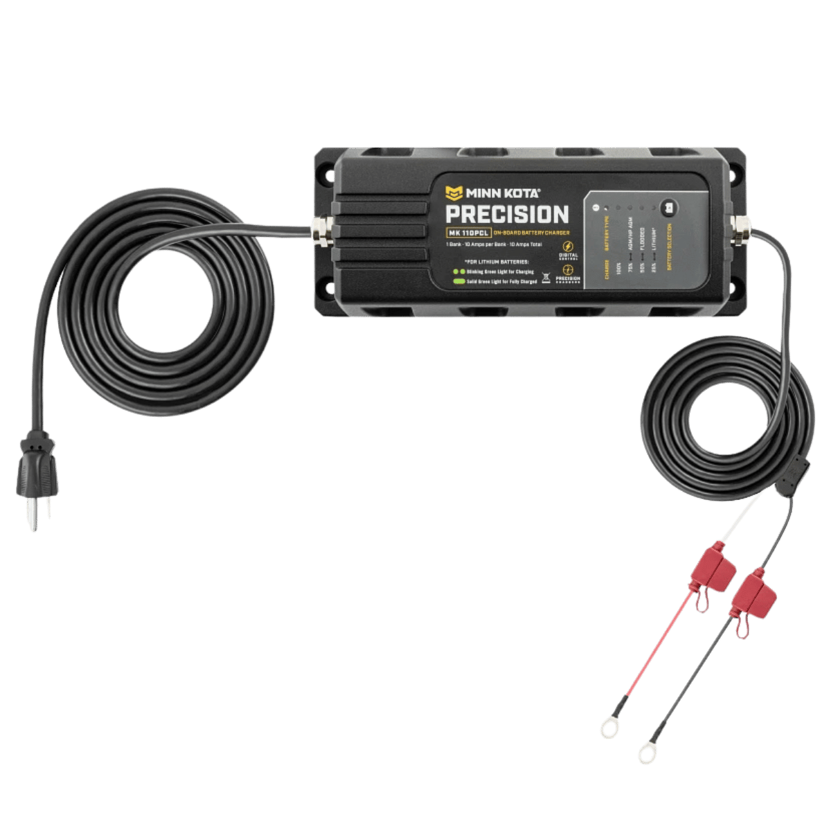 MINNKOTA MK-110 PRECISION PCL 1 BANK X 10 AMPS FRONT VIEW WITH WIRES