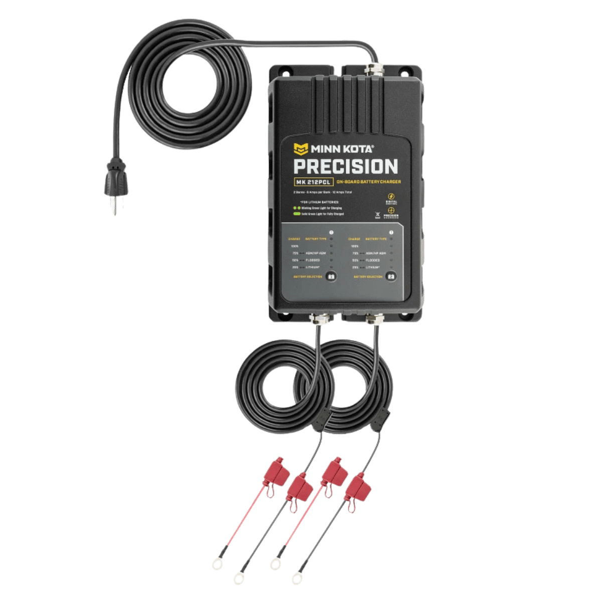 MINNKOTA MK-212 PRECISION PCL 2 BANKS 6 AMPS FRONT VIEW AND WIRES