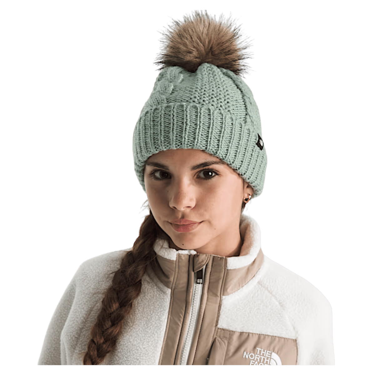 NORTHFACE KIDS OH MEGA OVERSIZED FUR POM BEANIE - SLATE MOSS - FRONT VIEW WW