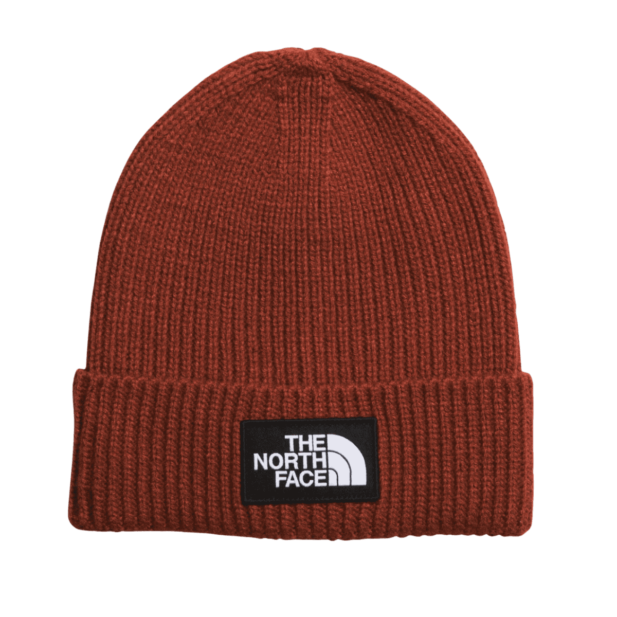 NORTHFACE LOGO BOX CUFFED RIB KNIT BEANIE - BRANDY BROWN