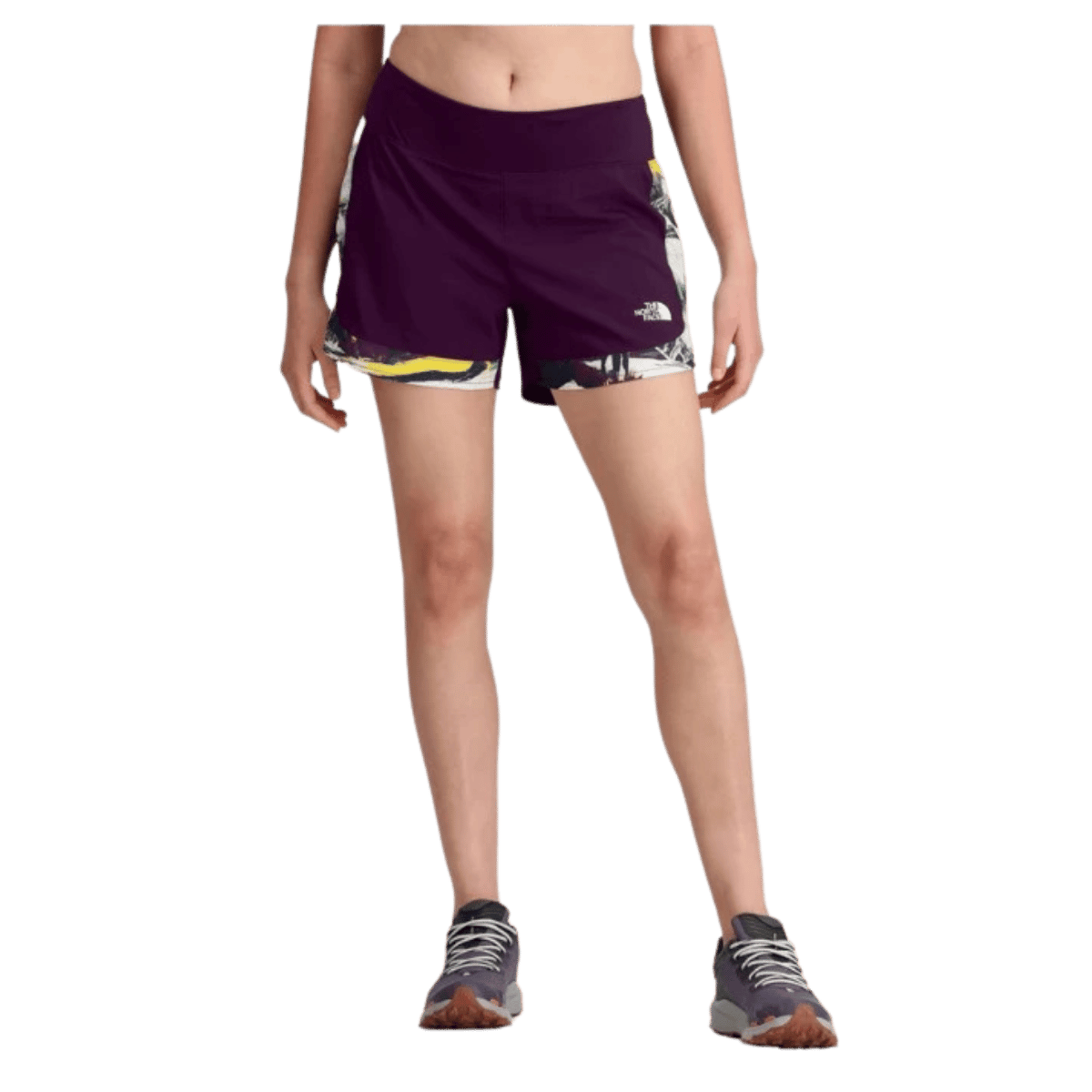 NORTHFACE WOMEN'S SUNRISER EXERCISE SHORT 4" W/ FLASHDRY TECHNOLOGY - BLKCRRNTPRPL - FRONT VIEW WW