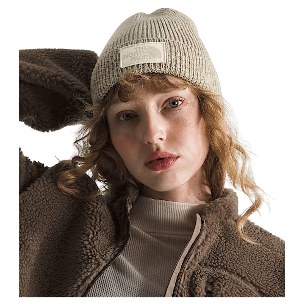 NORTHFACE TNF LOGO BOX CUFFED BEANIE - GRAVEL HTHR - FRONT VIEW WW