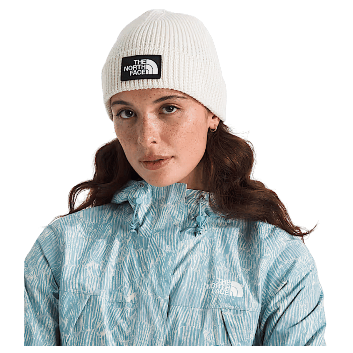 NORTHFACE TNF LOGO BOX CUFFED BEANIE - WHITE DUNE - FRONT VIEW WW