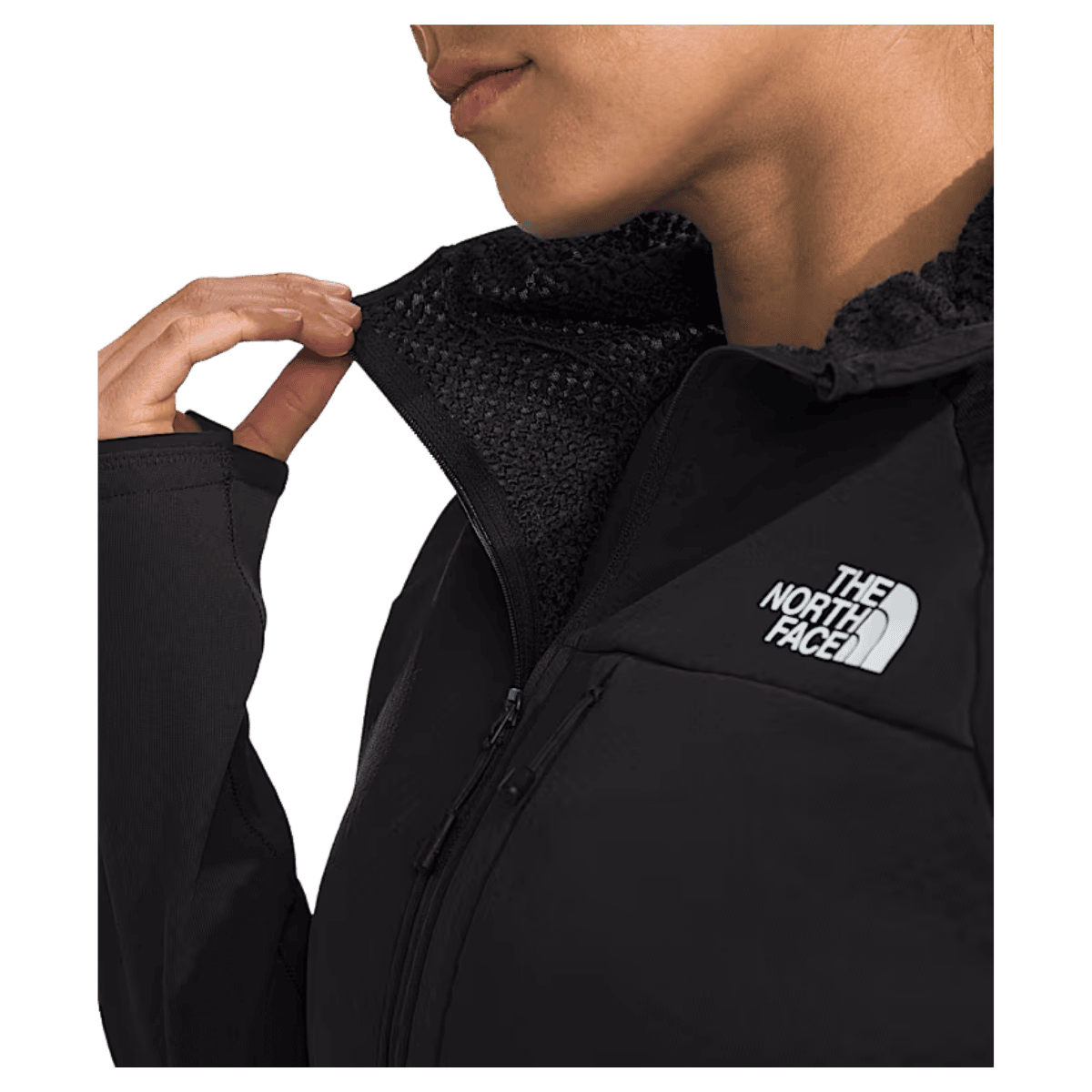NORTHFACE WOMEN'S SUMMIT FUTUREFLEECE FULL-ZIP HOODIE - TNF BLACK - NECK ZIP VIEW WW