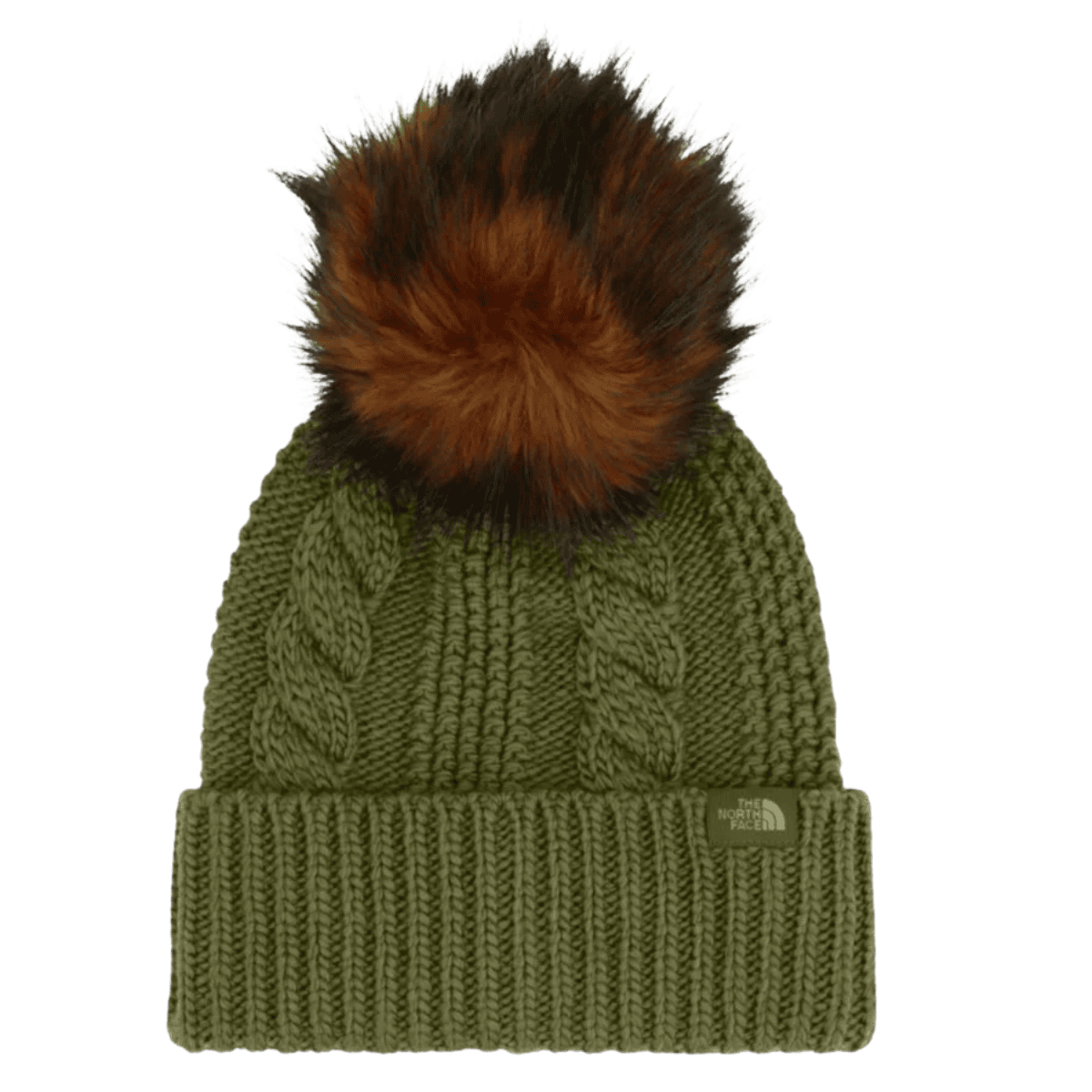 NORTHFACE WOMEN'S OH MEGA FUR POM BEANIE - FOREST OLIVE FRONT
