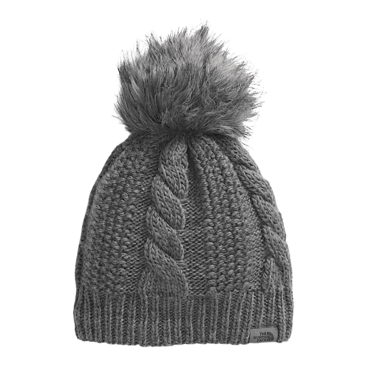 NORTHFACE WOMEN'S OH MEGA FUR POM LINED BEANIE - TNF MEDIUM GREY HEATHER FRONT