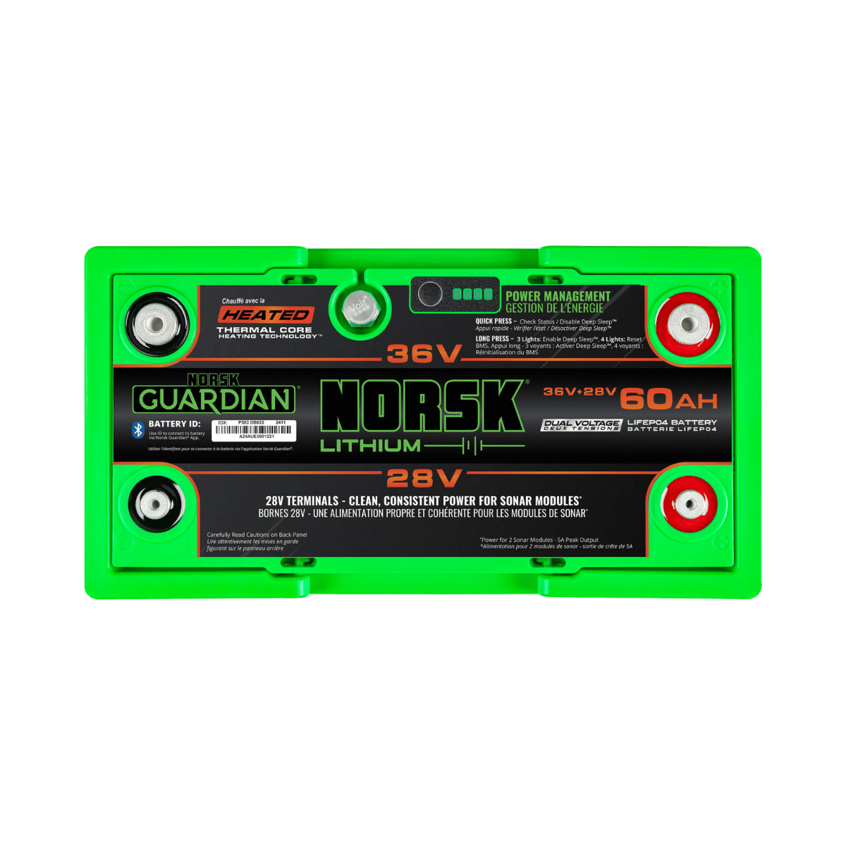 NORSK FISHING 36V+28V 60AH DUAL VOLTAGE BATTERY - BOTTOM VIEW