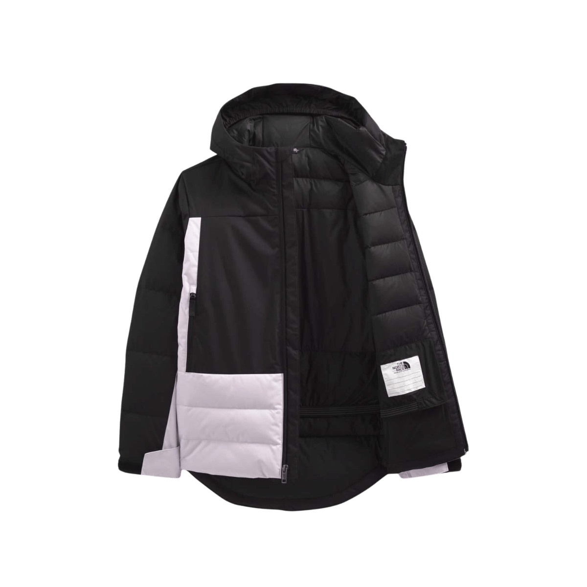 THE NORTH FACE GIRLS' PALLIE DOWN JACKET - LAVENDER FOG - FRONT VIEW SHOWING INNER DETAIL