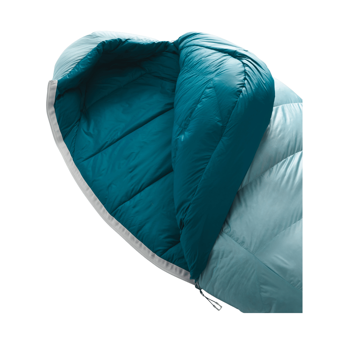 THE NORTH FACE WOMEN’S TRAIL LITE DOWN 20°F SLEEPING BAG – REGULAR / RIGHT HAND ZIP - REEF WATERS - OPEN VIEW SHOWING INTERIOR LINING