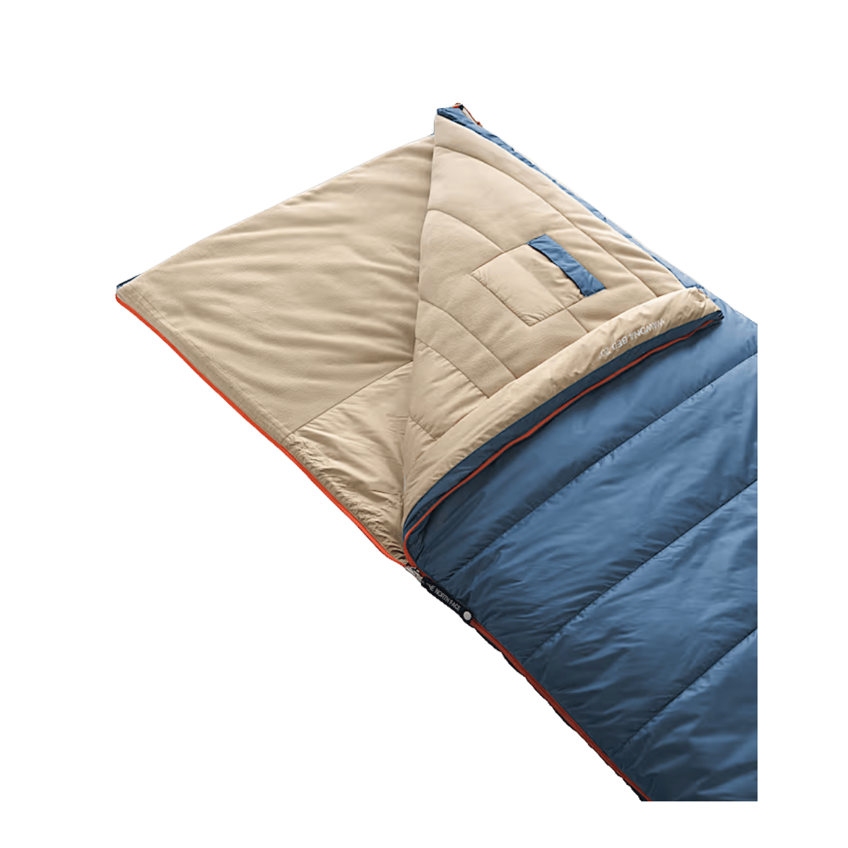 THE NORTH FACE WAWONA BED 20 SLEEPING BAG – SHADY BLUE/RETRO ORANGE - OS - OPEN VIEW SHOWING INTERIOR LINING