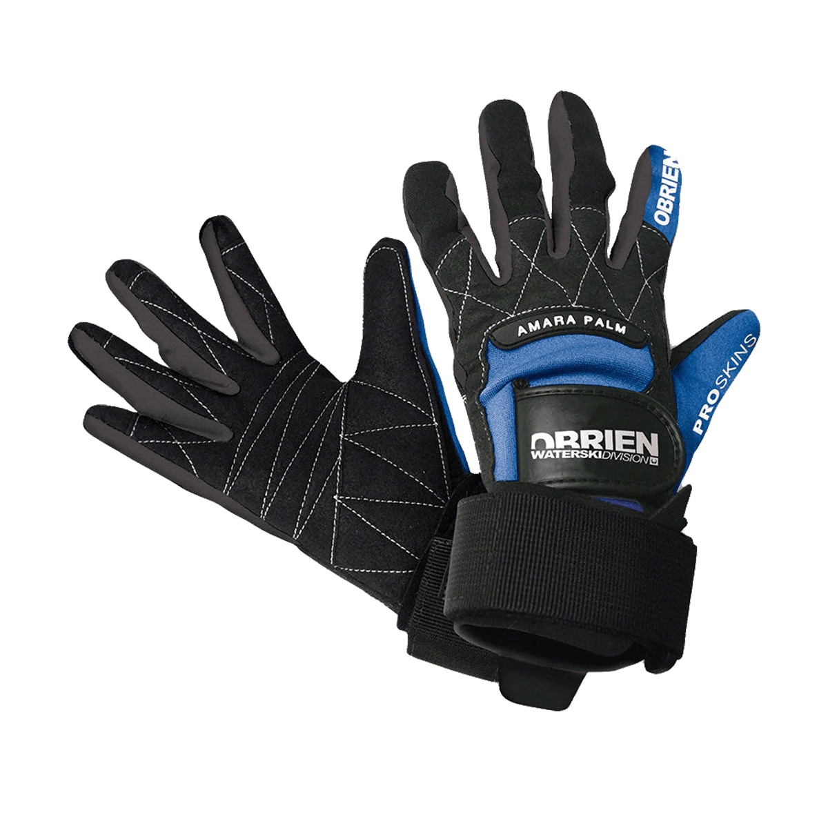 Pair of O'Brien Pro Skin Waterski Gloves in black and blue with reinforced Amara palm, adjustable wrist straps, and durable stitching for superior grip and comfort during watersports activities.