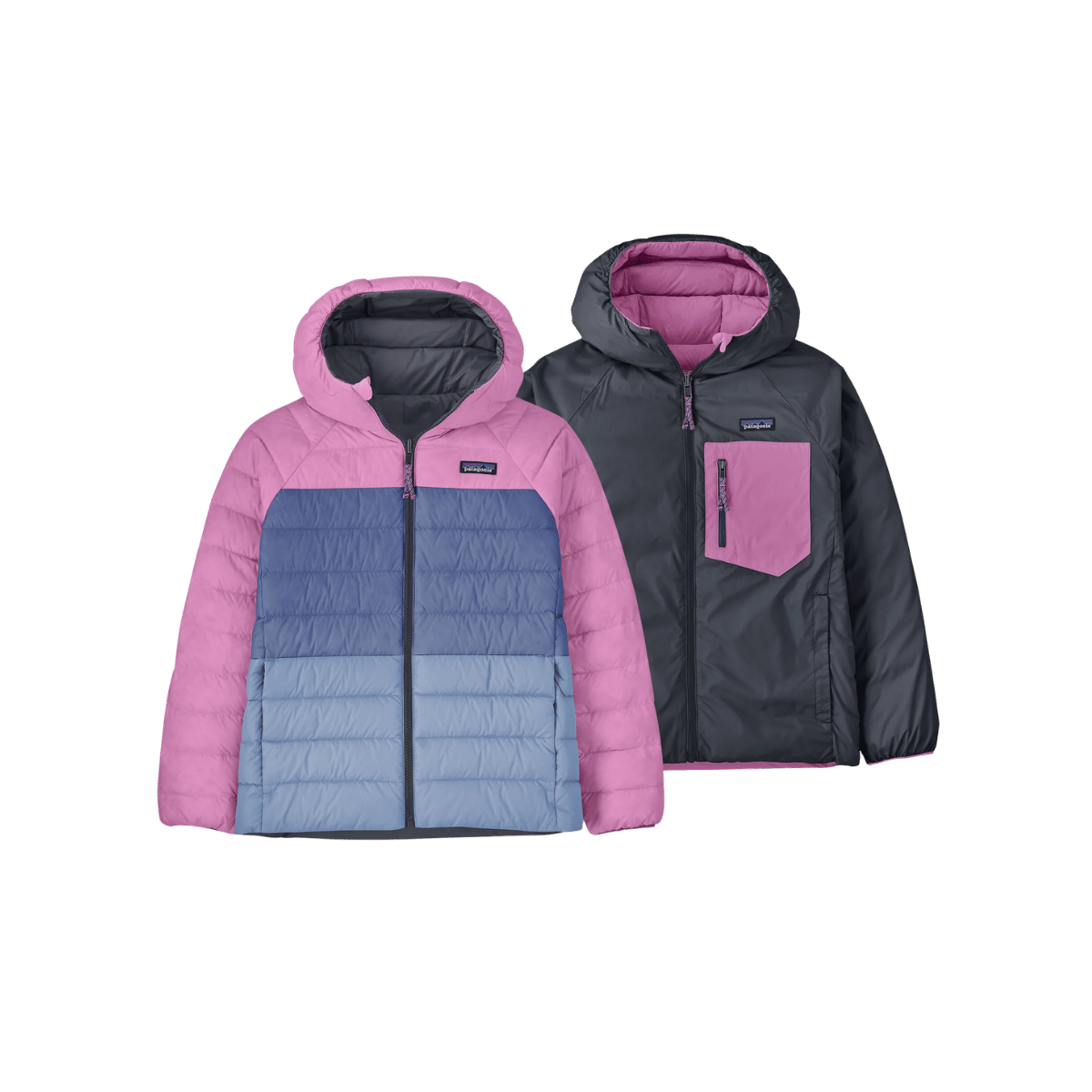 PATAGONIA KID'S REVERSIBLE DOWN SWEATER HOODY, SMOLDER BLUE, FRONT ANGLE