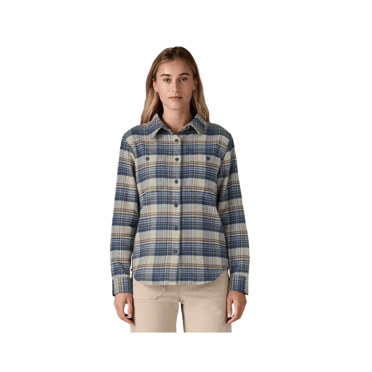 PATAGONIA WOMEN'S ORGANIC CTN MW FJORD FLANNEL, SM, MD, LG, XL, BLUE, FRONT ANGLE FIT