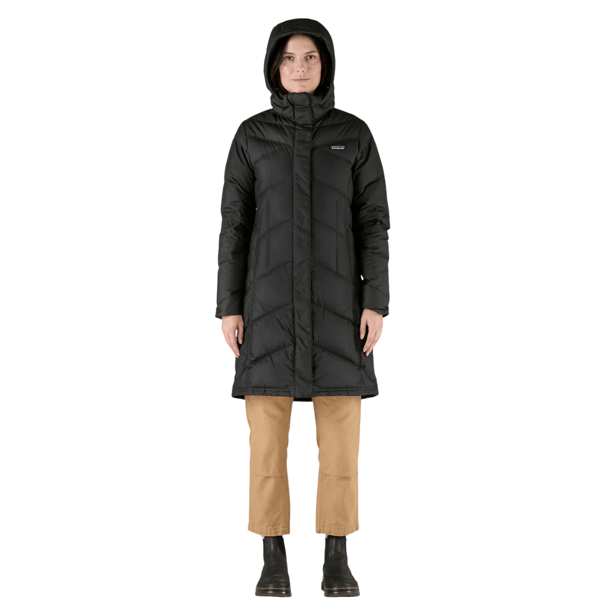 PATAGONIA WOMEN'S KNEE-LENGTH DOWN WITH IT PARKA - BLK - FRONT VIEW FULL WW