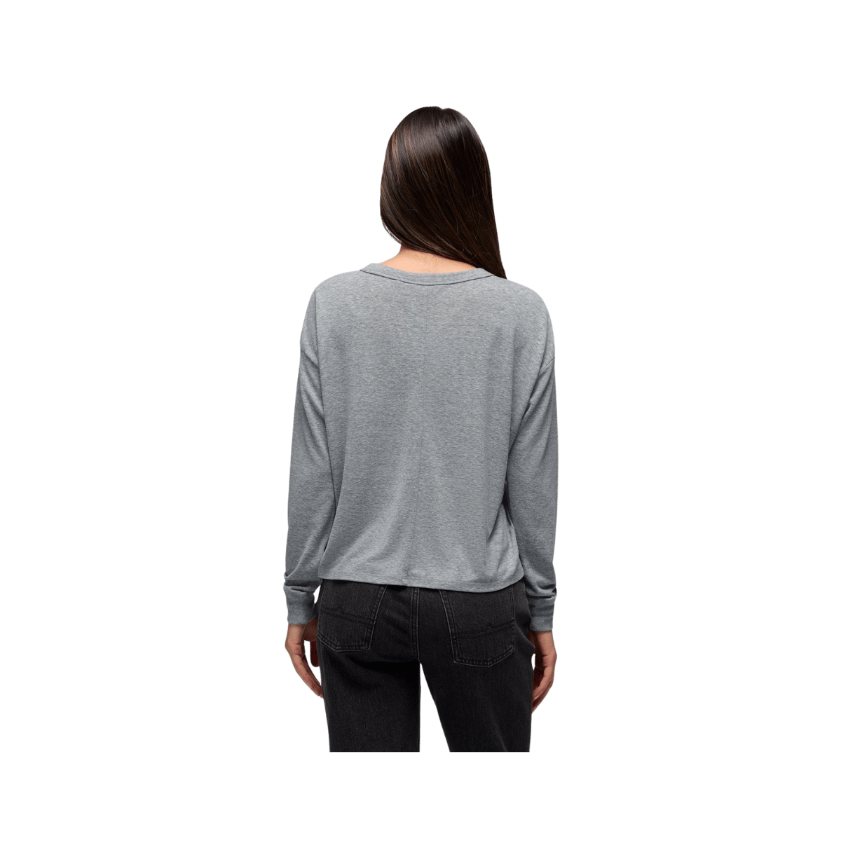PRANA COZY UP LONG SLEEVE CREW, HEATHER GREY, BACK ANGLE, SM, MD, LG, XL